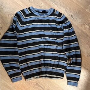 Vintage Cotton Basic Editions Black Gray and Blue Striped Crewneck Sweater